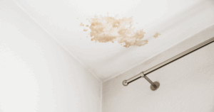 Water damage stain on ceiling showing consequences of unmanaged roof leaks requiring prompt attention and repair.