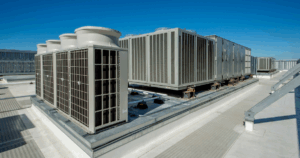 Rooftop HVAC units on a cool roof system designed for urban commercial buildings.
