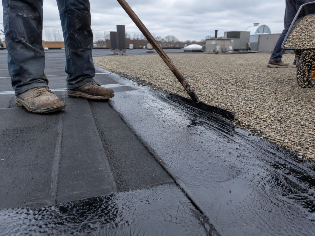 Built-up roofing (BUR) installation with layered felt and gravel on a commercial flat roof