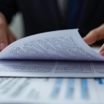 Business owner reviewing paperwork and terms in a contract related to a commercial roof warranty agreement.