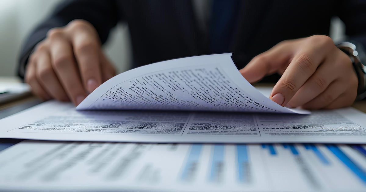 Business owner reviewing paperwork and terms in a contract related to a commercial roof warranty agreement.