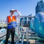 Inspector reviewing rooftop mechanical systems to support an accurate commercial roof cost estimate for an urban building.