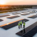 Technicians on a white TPO flat roof near new solar panels; ensuring installation complies with the commercial roof warranty.