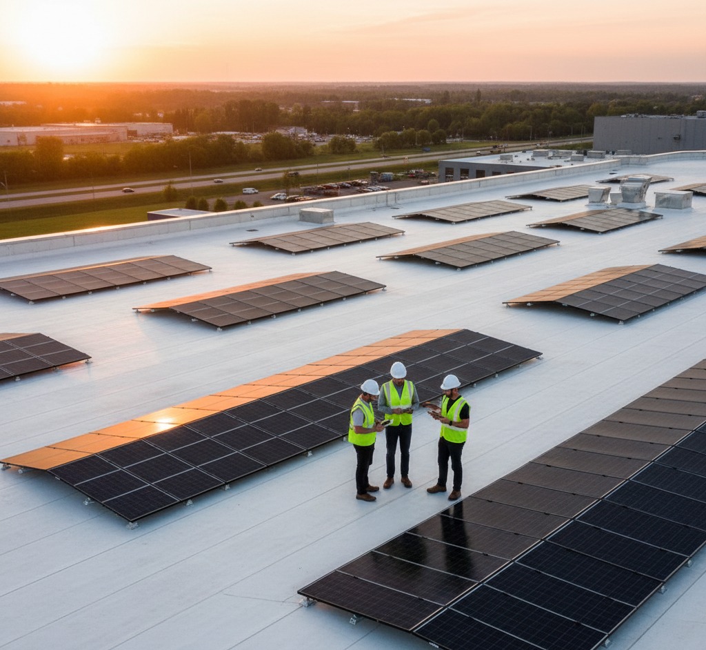 Technicians on a white TPO flat roof near new solar panels; ensuring installation complies with the commercial roof warranty.