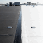 A commercial roof showing side-by-side comparison of black EPDM vs TPO roofing membranes with temperature sensors measuring surface heat difference.