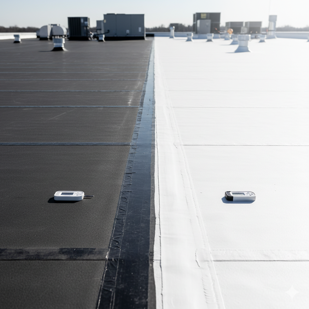 A commercial roof showing side-by-side comparison of black EPDM vs TPO roofing membranes with temperature sensors measuring surface heat difference.