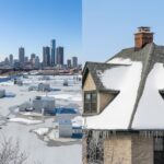 Side-by-side comparison of flat commercial roof and pitched residential roof in Michigan, highlighting commercial roofing Michigan vs residential roofing