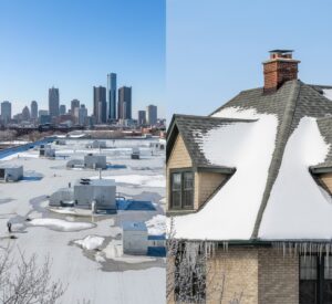 Side-by-side comparison of flat commercial roof and pitched residential roof in Michigan, highlighting commercial roofing Michigan vs residential roofing