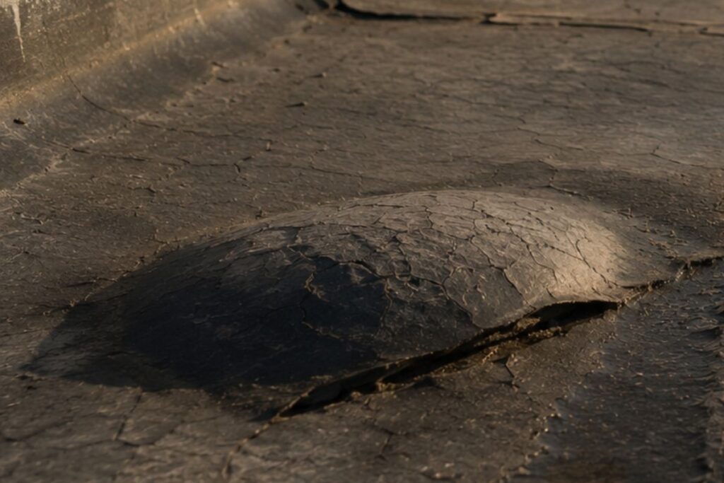 Flat roof restoration warning signs, including blistering membrane and exposed substrate