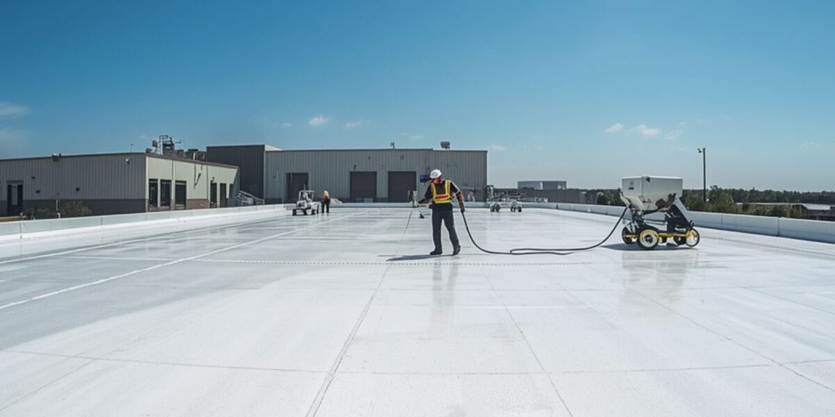 Crew applying white silicone coating on a large commercial flat roof