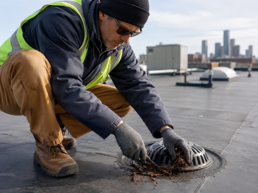 commercial roof maintenance visit technician checking seam flat membrane