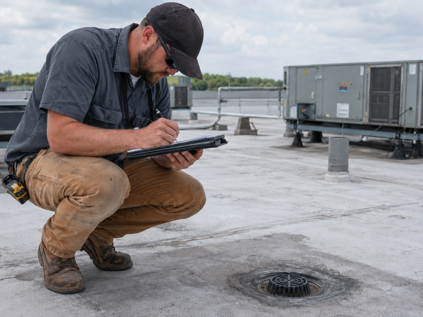 commercial roof inspector documenting findings on flat membrane roof Detroit metro