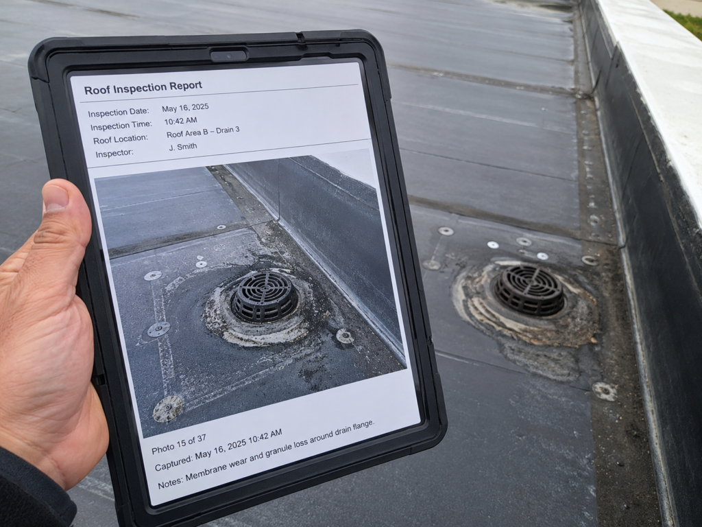 roof inspector reviewing timestamped photo report on tablet commercial flat roof