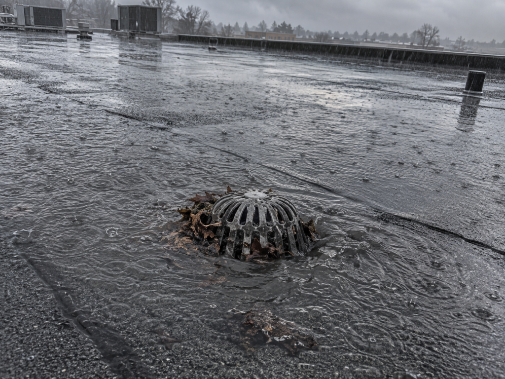 Blocked roof drain strainer on a flat commercial roof after heavy rain