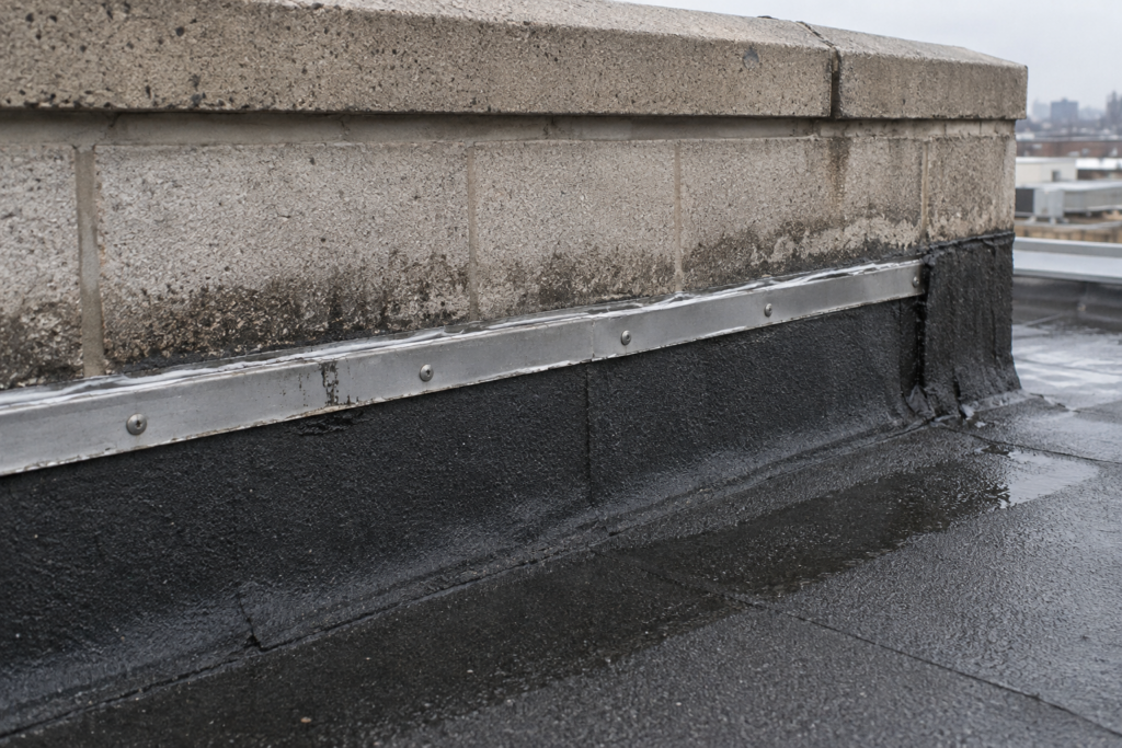 Base flashing termination at a parapet on a commercial flat roof